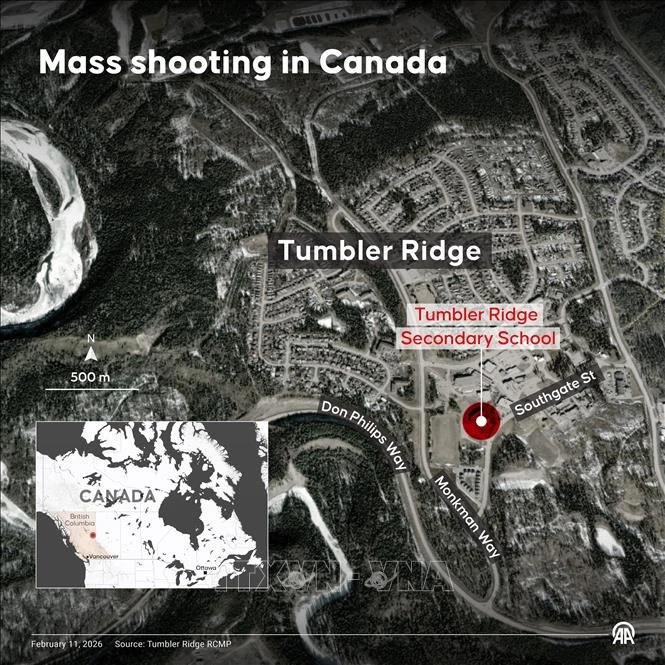 Hình ảnh đồ họa về vụ xả súng tại trường Trung học Tumbler Ridge ở tỉnh bang British Columbia, Canada ngày 11/2/2026.