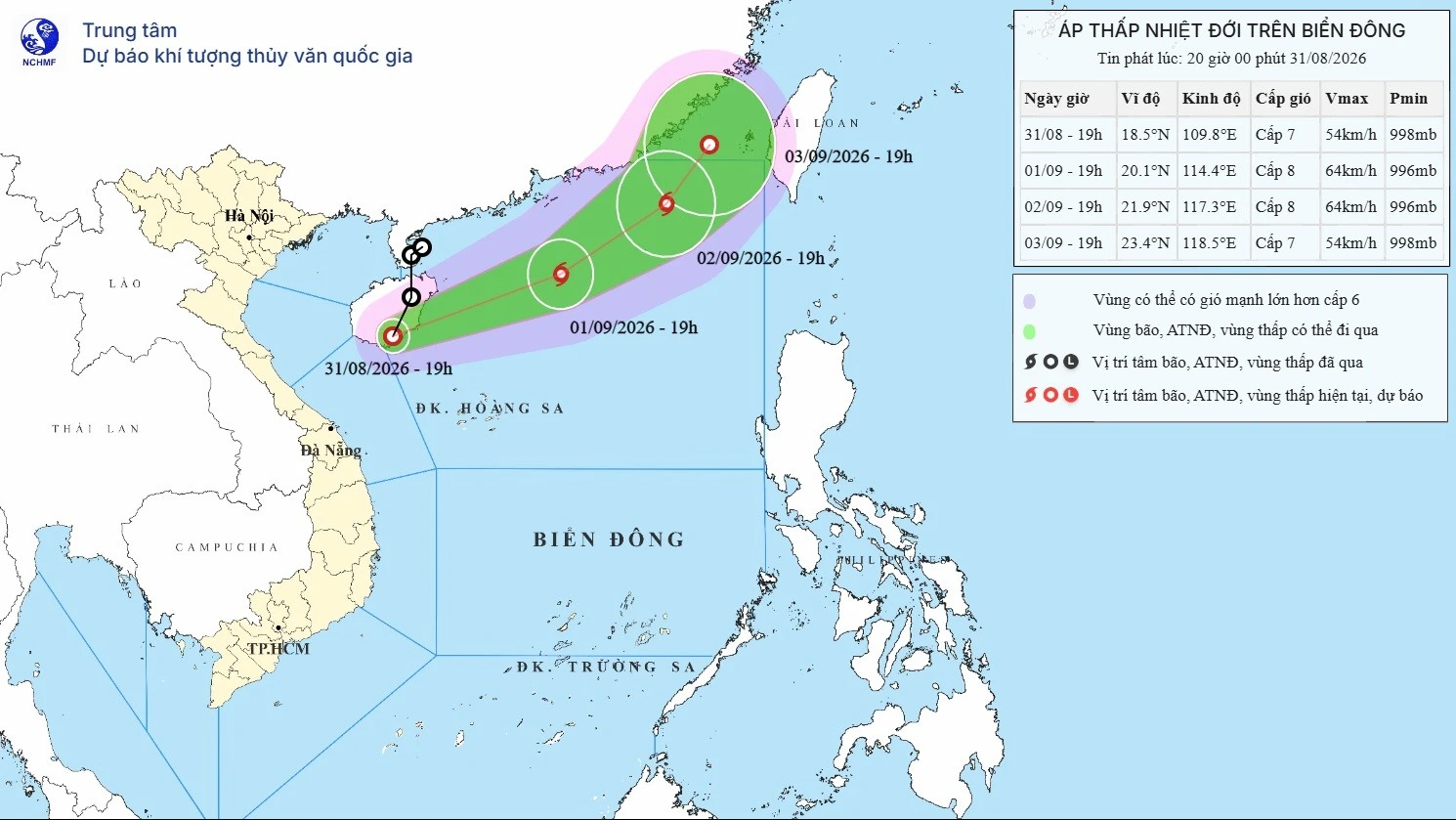 Áp thấp nhiệt đới di chuyển dị thường, khả năng mạnh lên thành bão vào ngày 1/9. Ảnh: nchmf.gov.vn