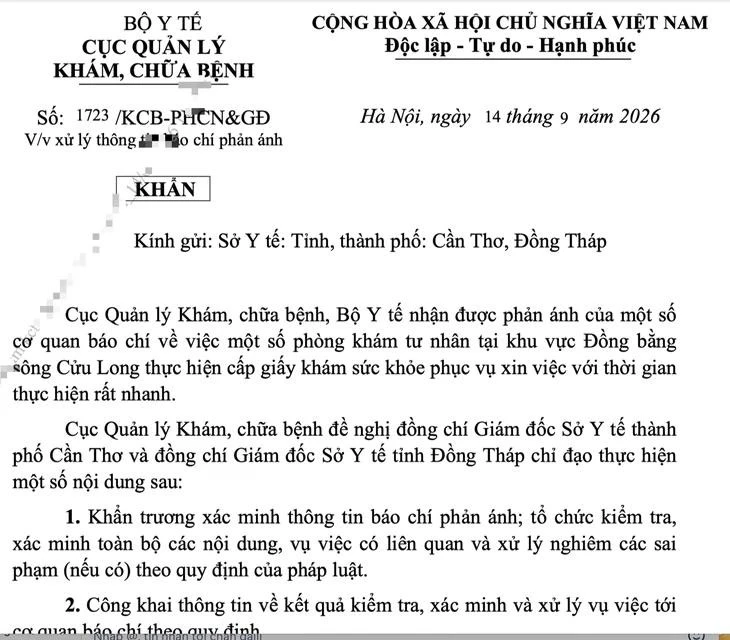 Công văn của Cục Quản lý Khám chữa bệnh gửi Sở Y tế TP Cần Thơ và Sở Y tế tỉnh Đồng Tháp. Ảnh: PV