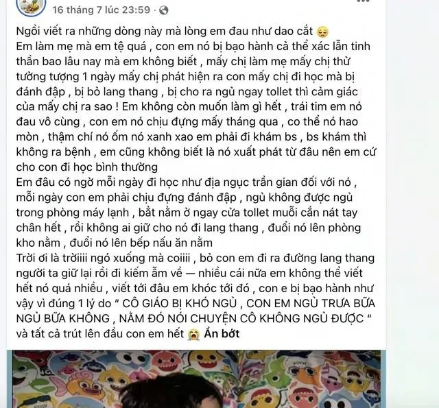 Tới trưa nay (18.7), bài viết trên trang cá nhân tài khoản B.B phản ánh trẻ bị bạo hành, cô bắt trẻ ngủ trước toilet vẫn còn