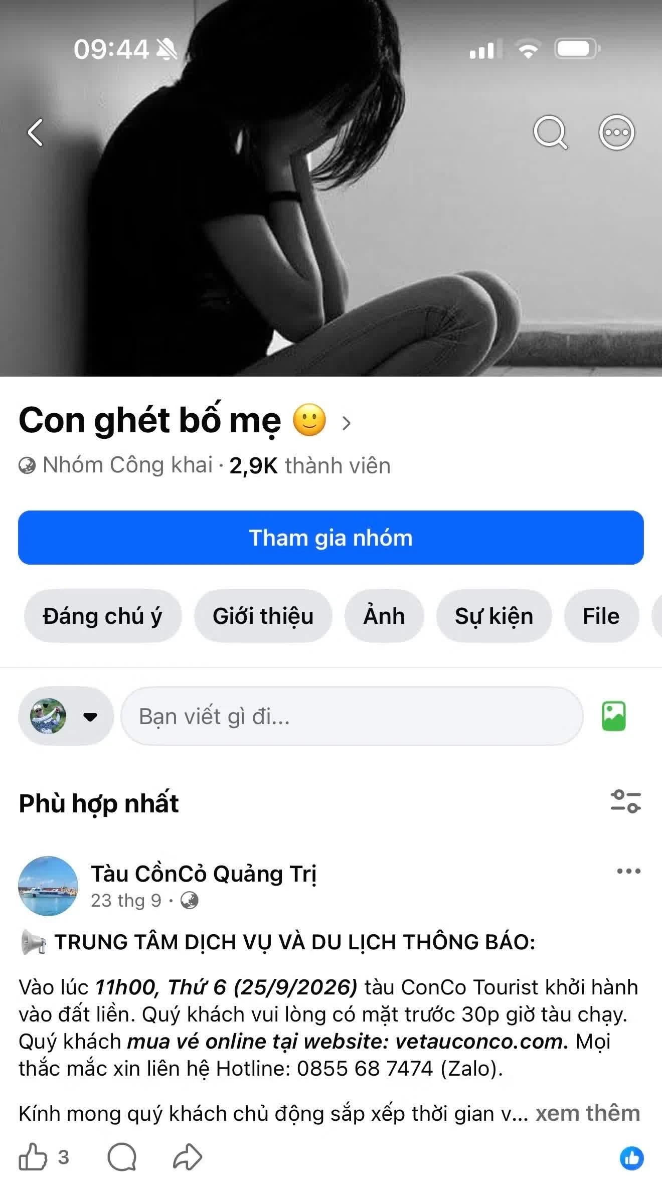 Nhóm Facebook “Thông tin lịch tàu đảo Cồn Cỏ” bị chiếm quyền nhưng không bị thay đổi nội dung trước đó.