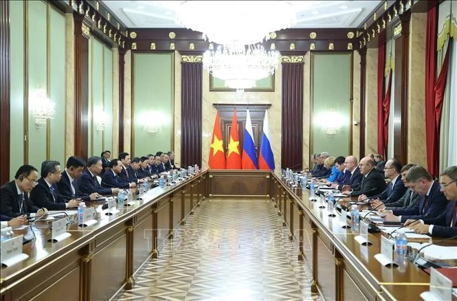 Tổng Bí thư, Chủ tịch nước Tô Lâm hội kiến Thủ tướng Nga Mikhail Mishustin. Ảnh: Thống Nhất/TTXVN