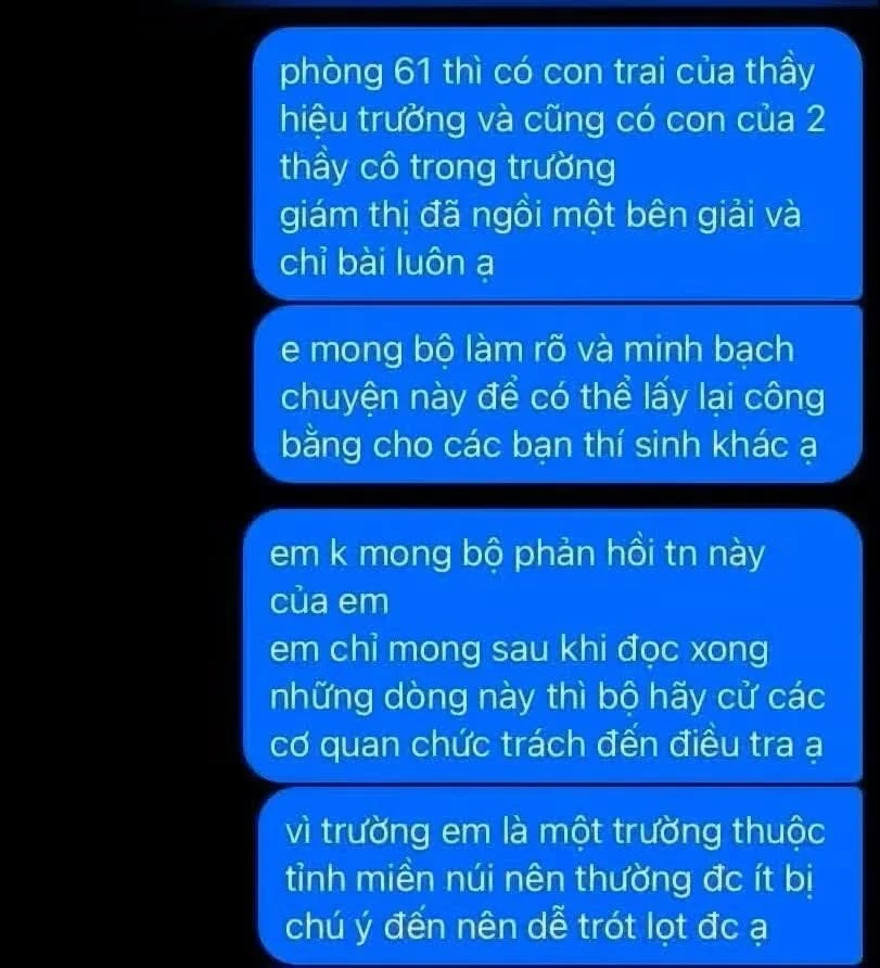 Từ nội dung tin nhắn tố cáo sai phạm ở điểm thi tốt nghiệp Trường THPT Lê Trực và cơ quan chức năng tỉnh Quảng Trị đã vào cuộc điều tra, làm rõ.