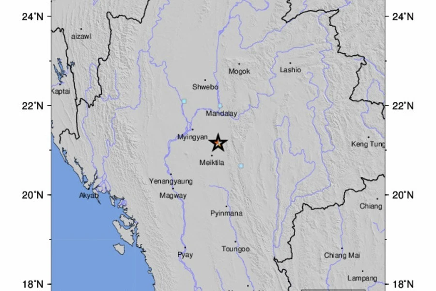 Vị trí tâm chấn tại Myanmar ngày 13/4.