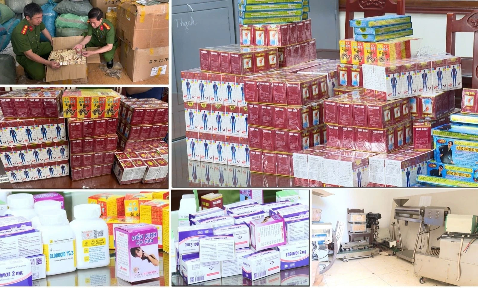 Các đối tượng sản xuất thuốc giả và tang vật bị thu giữ.