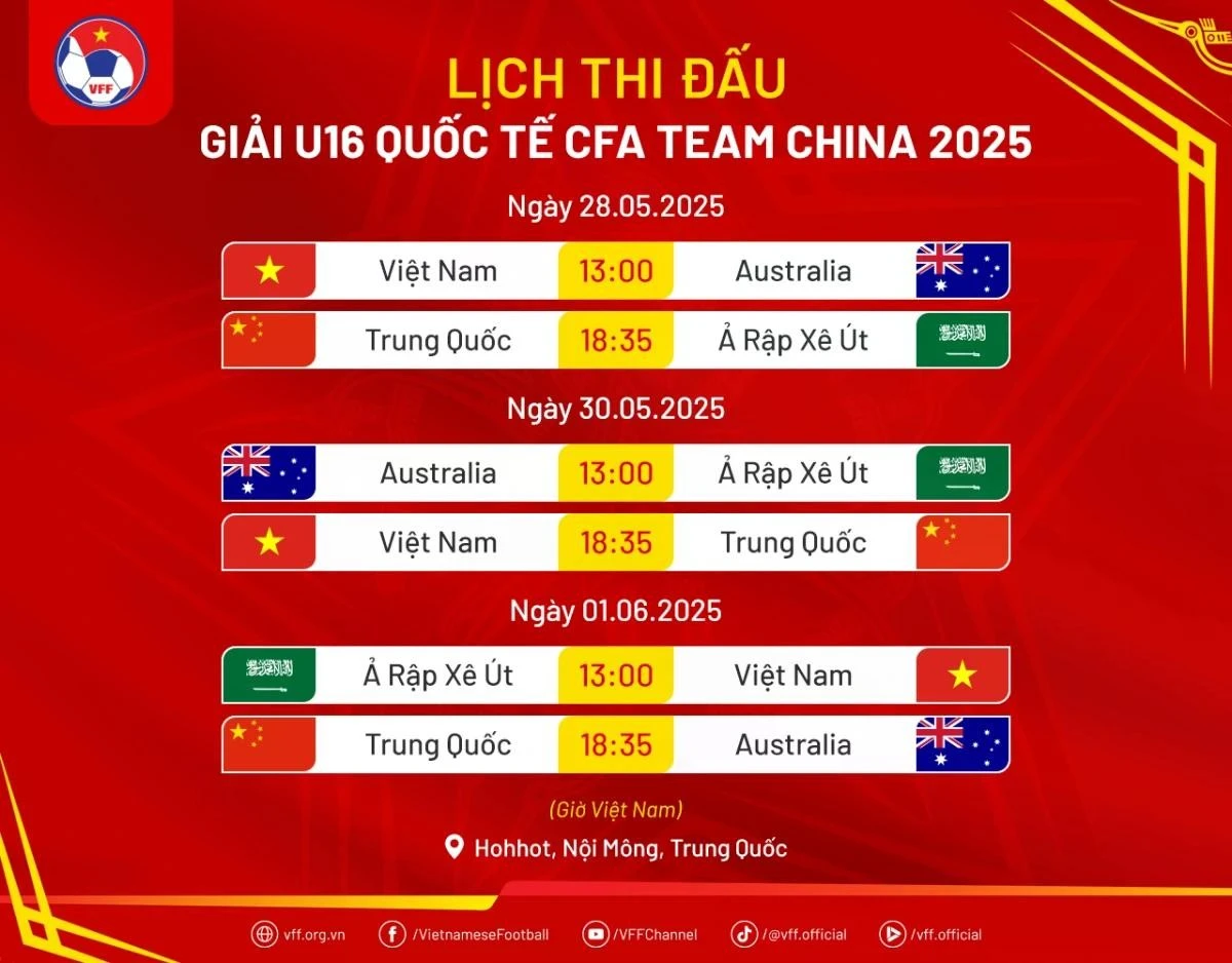 Lịch thi đấu U16 Việt Nam ở giải U16 Quốc tế 2025.
