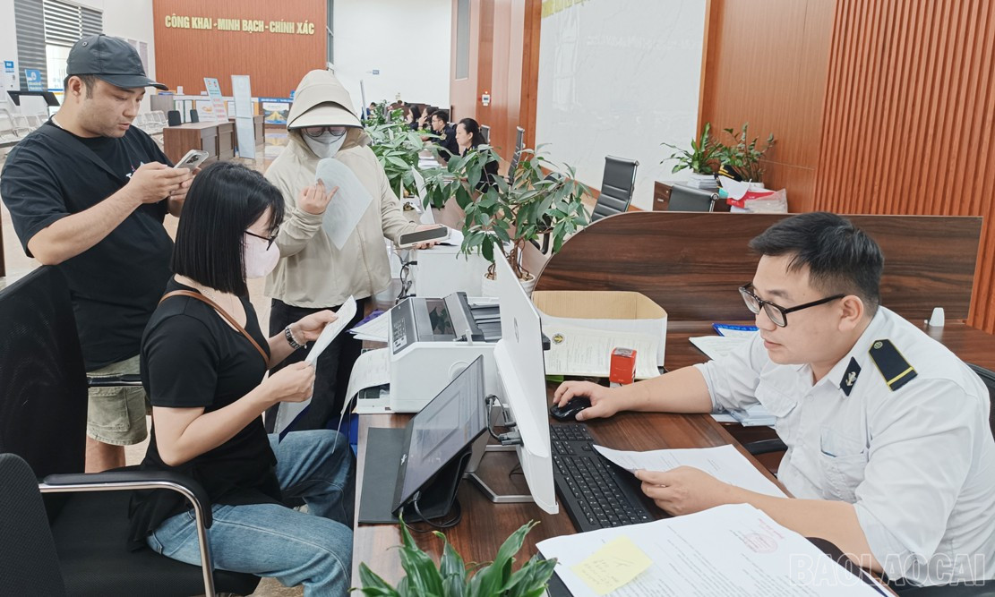 Lực lượng chức năng làm việc từ 6 giờ sáng hằng ngày để giải quyết thủ tục thông quan. baolaocai-br_h1.jpg