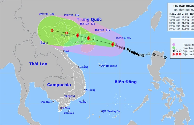 Vị trí và đường đi của bão số 1 vào lúc 2 giờ ngày 17/7.