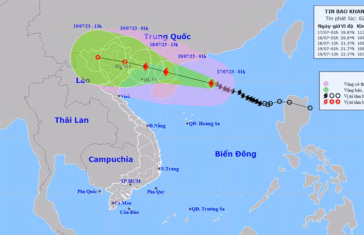 Vị trí và đường đi của bão số 1 vào lúc 2 giờ ngày 17/7.
