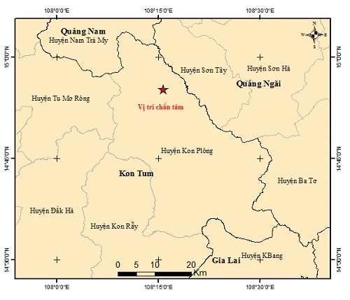 Vị trí xảy ra 3 trận động đất liên tiếp ở Kon Tum trưa ngày 21/3.