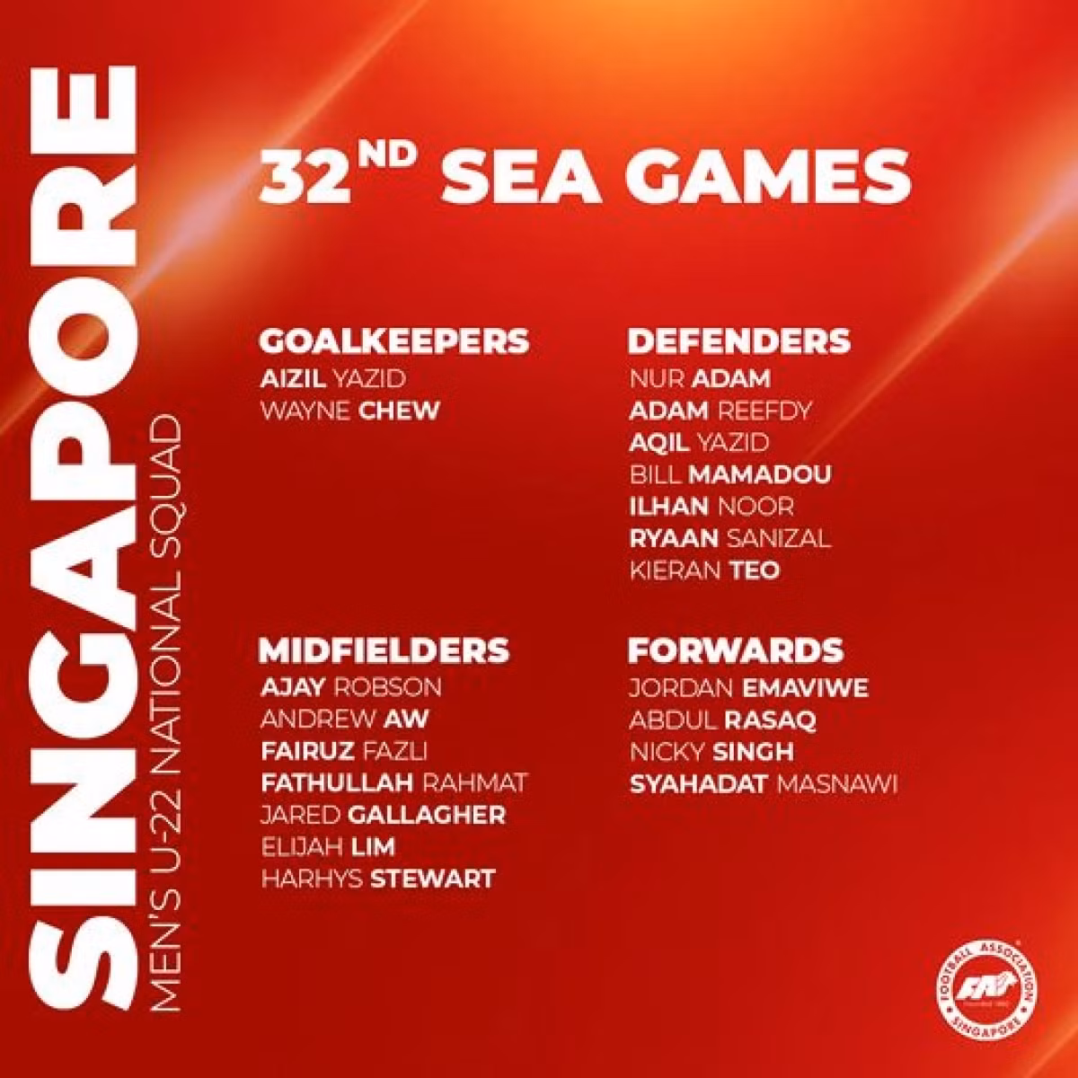 Danh sách 20 cầu thủ U22 Singapore dự SEA Games 32.