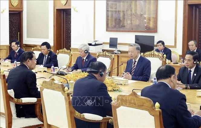 Chủ tịch nước Tô Lâm hội đàm với Chủ tịch Đảng CPP, Chủ tịch Thượng viện Campuchia. (Ảnh: Nhan Sáng/TTXVN).