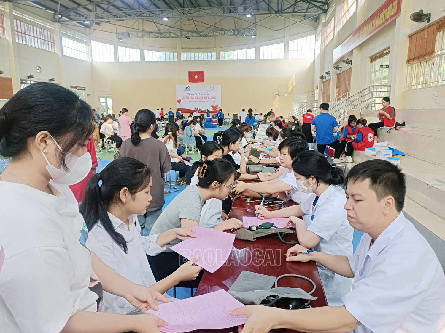 Các tình nguyện viên được khám sàng lọc trước khi hiến máu tại Phân hiệu Đại học Thái Nguyên tại Lào Cai. hm2.jpg