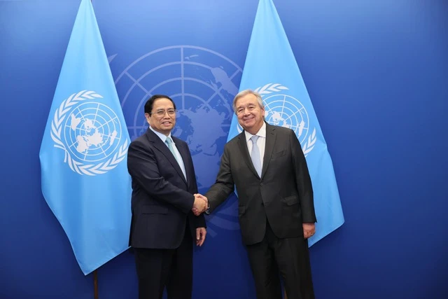 Thủ tướng Phạm Minh Chính gặp Tổng Thư ký Liên Hợp Quốc Antonio Guterres tại Trụ sở Liên Hợp Quốc.
