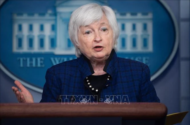 Bộ trưởng Tài chính Mỹ Janet Yellen phát biểu tại một cuộc họp báo ở Washington, DC.