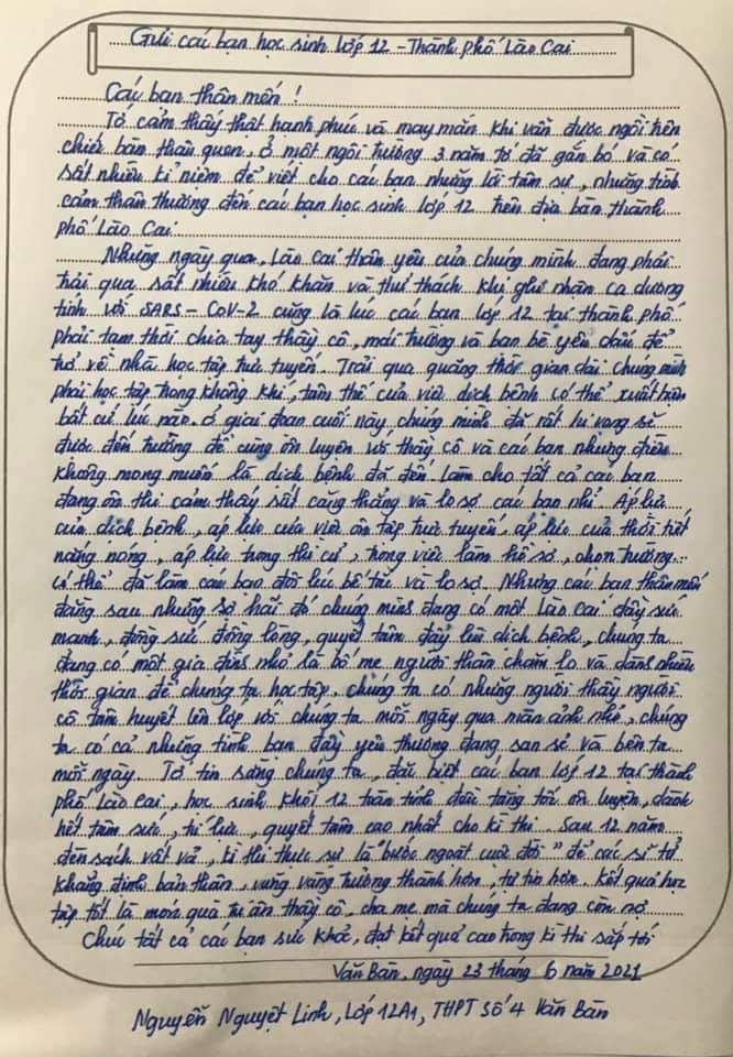 Bức thư của học sinh Trường THPT số 4 Văn Bàn gửi học sinh lớp 12 thành phố Lào Cai. Bức thư của học sinh Trường THPT số 4 Văn Bàn gửi học sinh lớp 12 thành phố Lào Cai.