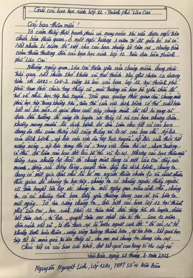 Bức thư của học sinh Trường THPT số 4 Văn Bàn gửi học sinh lớp 12 thành phố Lào Cai.