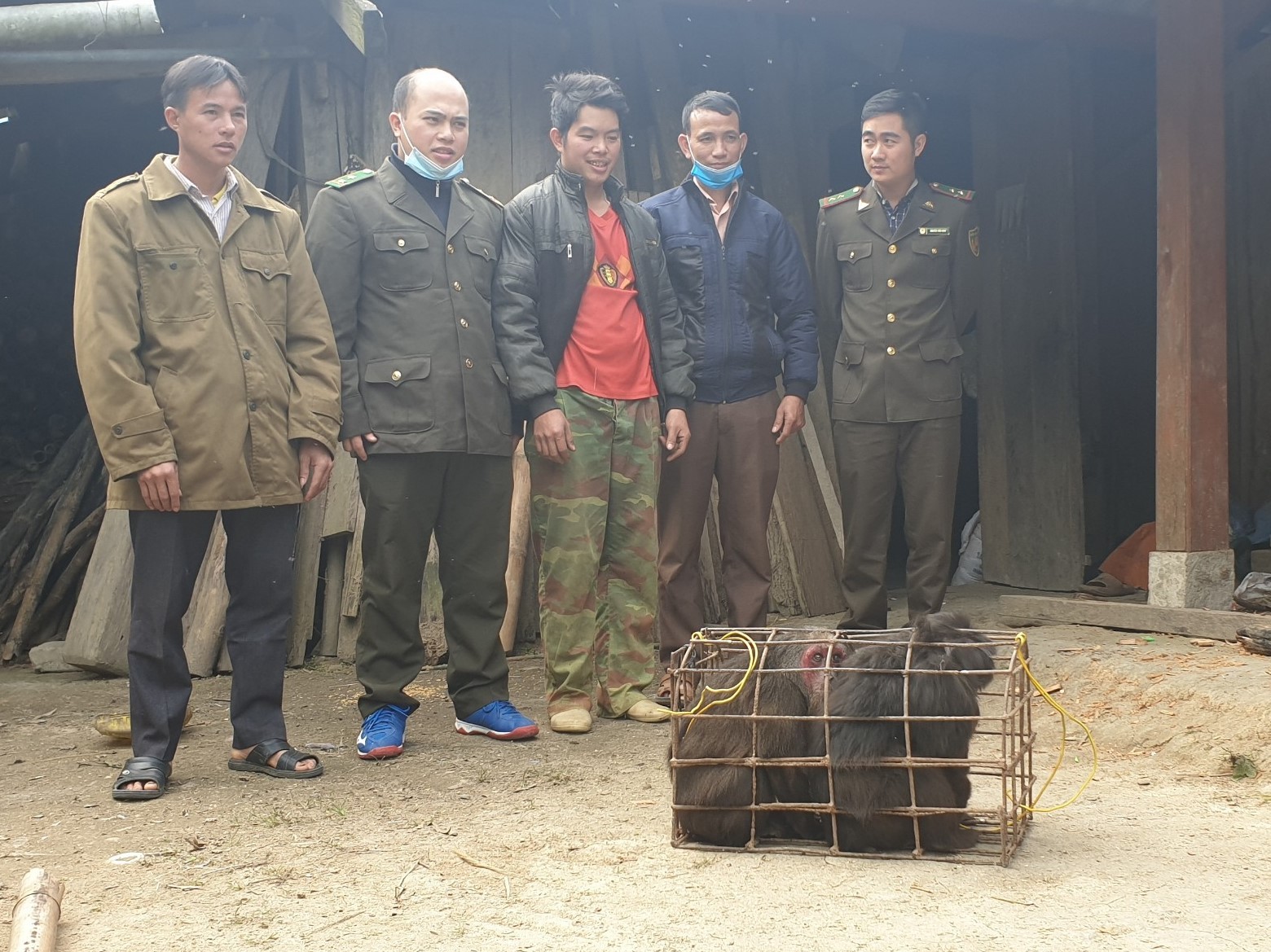 Ông Đặng Nguyên Kim (áo đỏ) tự nguyện bàn giao 3 cá thể khỉ mặt đỏ cho cơ quan chức năng.