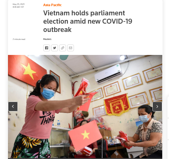 Sáng 23/5, hãng tin Reuters có bài viết đưa tin về cuộc bầu cử Quốc hội khóa XV và Hội đồng Nhân dân các cấp nhiệm kỳ 2021-2026. (Ảnh chụp màn hình) Sáng 23/5, hãng tin Reuters có bài viết đưa tin về cuộc bầu cử Quốc hội khóa XV và Hội đồng Nhân dân các cấp nhiệm kỳ 2021-2026. (Ảnh chụp màn hình)