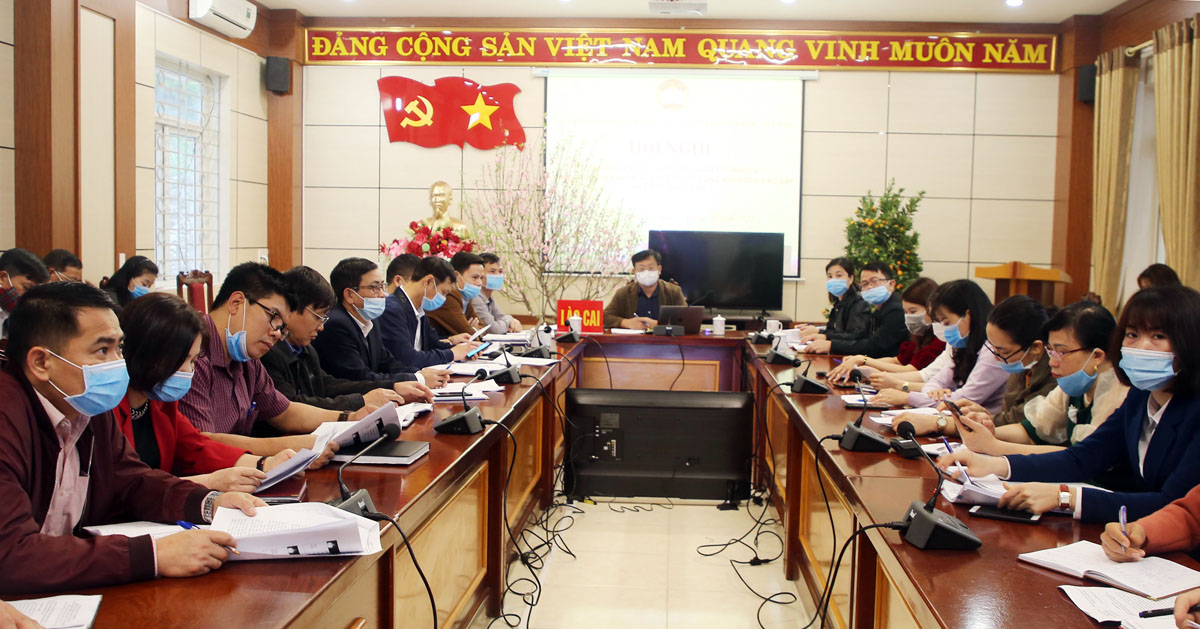 Quang cảnh hội nghị tại điểm cầu tỉnh Lào Cai.