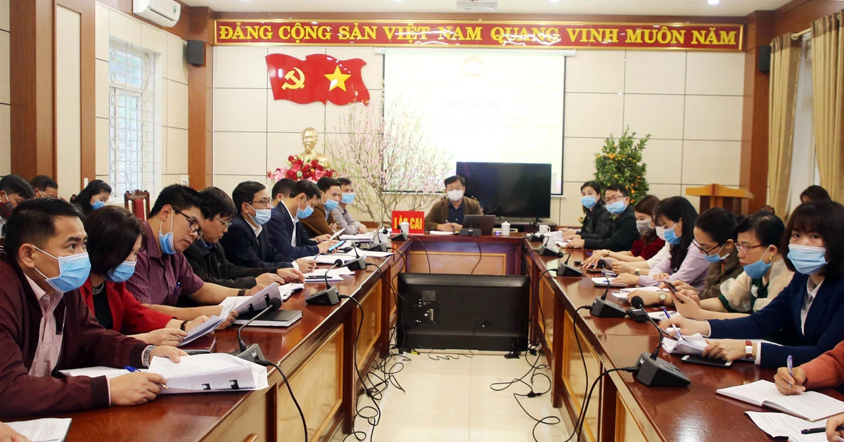 Quang cảnh hội nghị tại điểm cầu tỉnh Lào Cai.