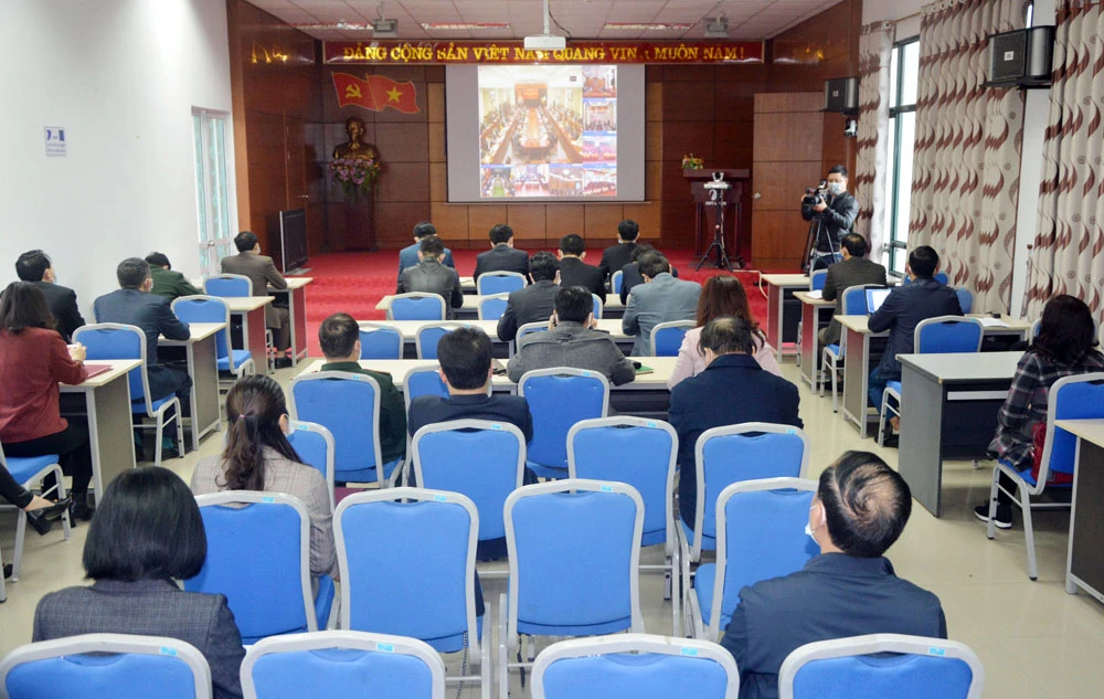 Quang cảnh hội nghị tại điểm cầu tỉnh Lào Cai.