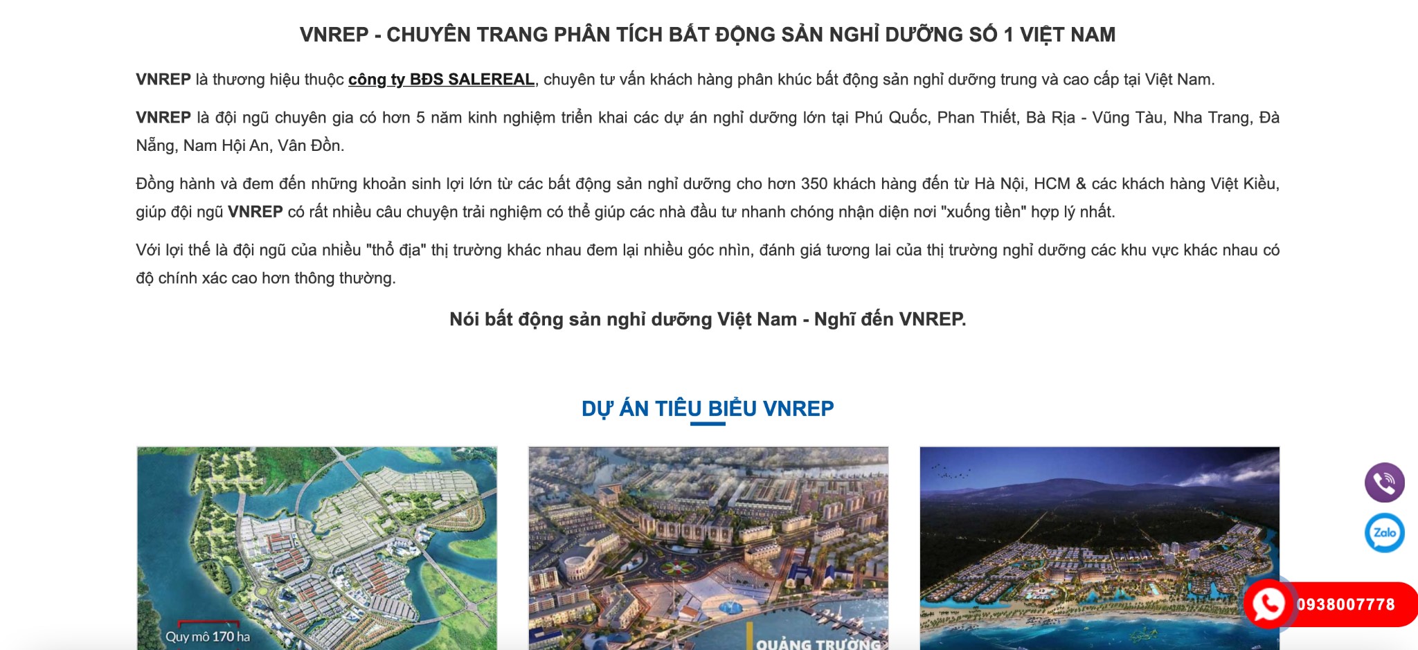Giao diện trang chủ website bất động sản nghỉ dưỡng VNREP.