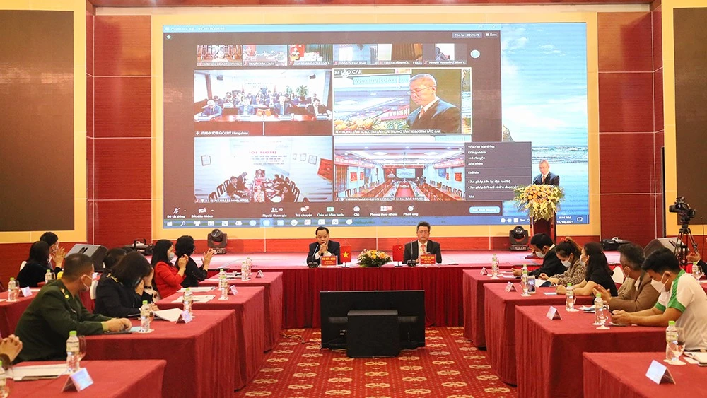 Quang cảnh hội nghị tại điểm cầu tỉnh Lào Cai.