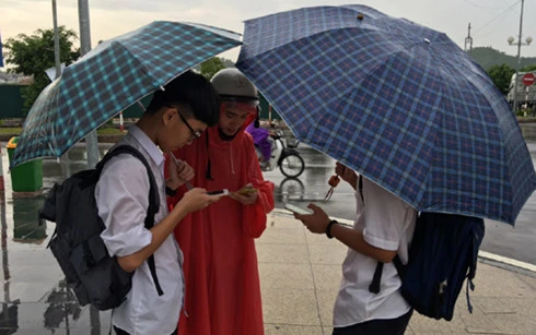 Không ngại mưa gió các học sinh vẫn chăm chỉ đi bắt Pokemon.
