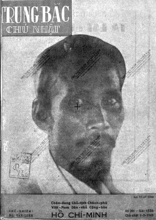Toàn bộ trang bìa báo Trung Bắc Chủ Nhật số ra ngày 9/9/1945 đăng ảnh Chủ tịch Hồ Chí Minh.