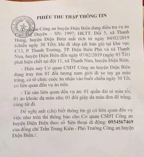 Cơ quan công an phát đi thông báo, phiếu thu thập thông tin để truy tìm kẻ thủ ác.