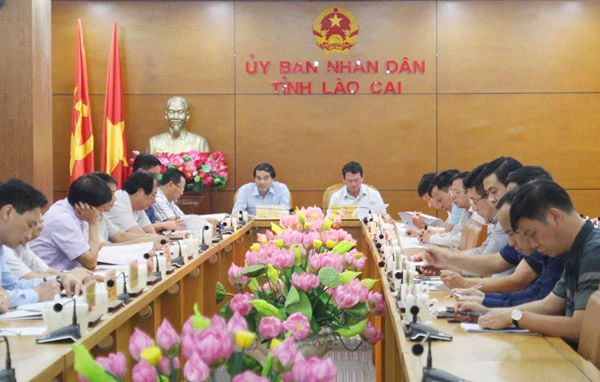 Quang cảnh hội nghị tại điểm cầu Lào Cai.