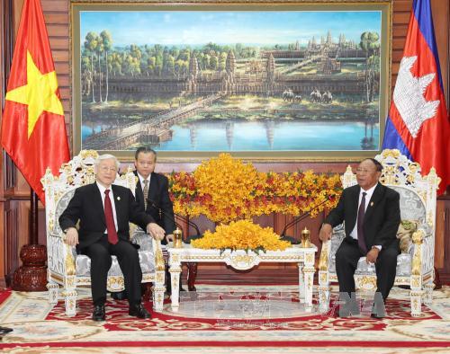 Tổng Bí thư Nguyễn Phú Trọng đã hội kiến Chủ tịch Quốc hội Campuchia Heng Samrin (Hêng Xom-rin).