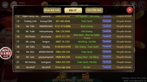 Danh sách các đại lý thu mua xu công khai trong game.