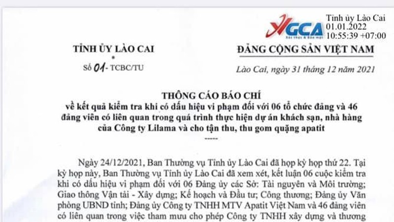 Thông cáo báo chí của Tỉnh ủy Lào Cai.