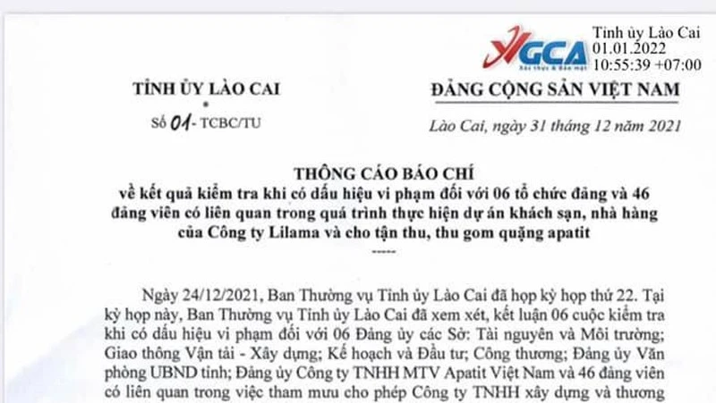 Thông cáo báo chí của Tỉnh ủy Lào Cai.