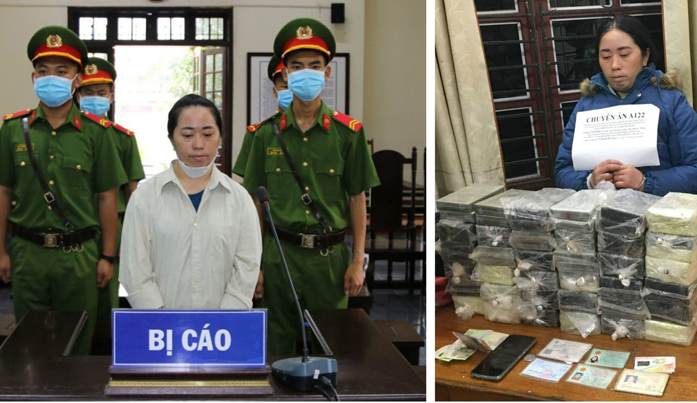 Giàng Thị Sông tại phiên xét xử và tang vật thu giữ khi bắt quả tang.