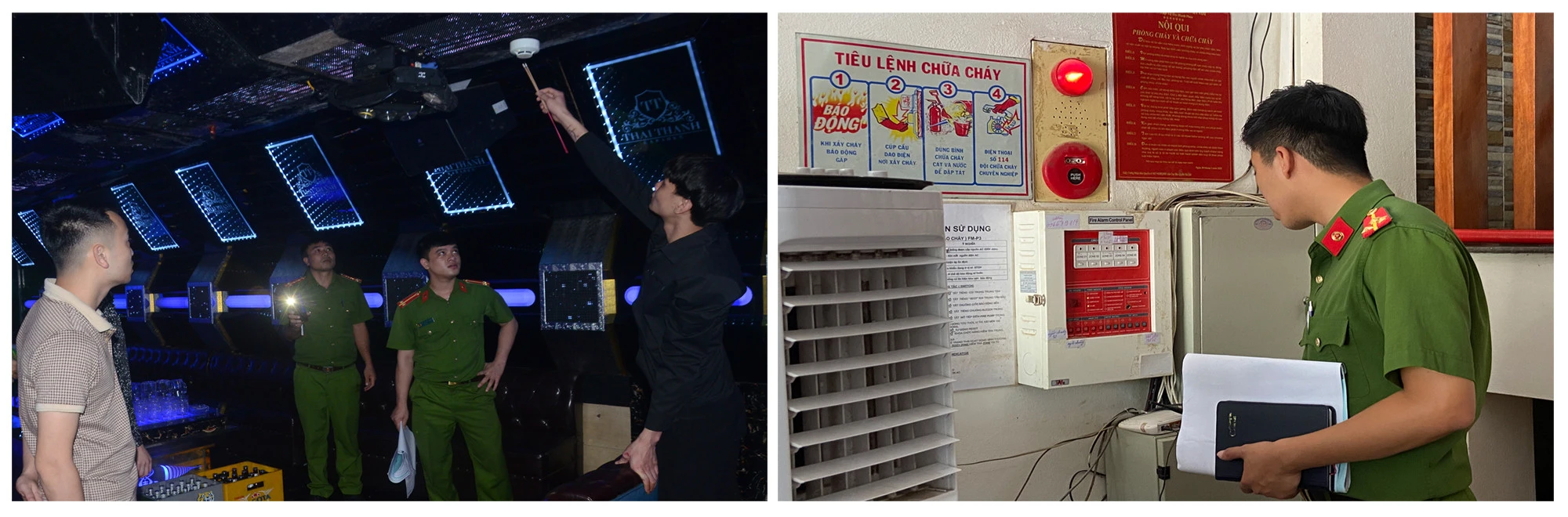 Kiểm tra hệ thống báo cháy tự động được lắp đặt tại cơ sở kinh doanh karaoke.