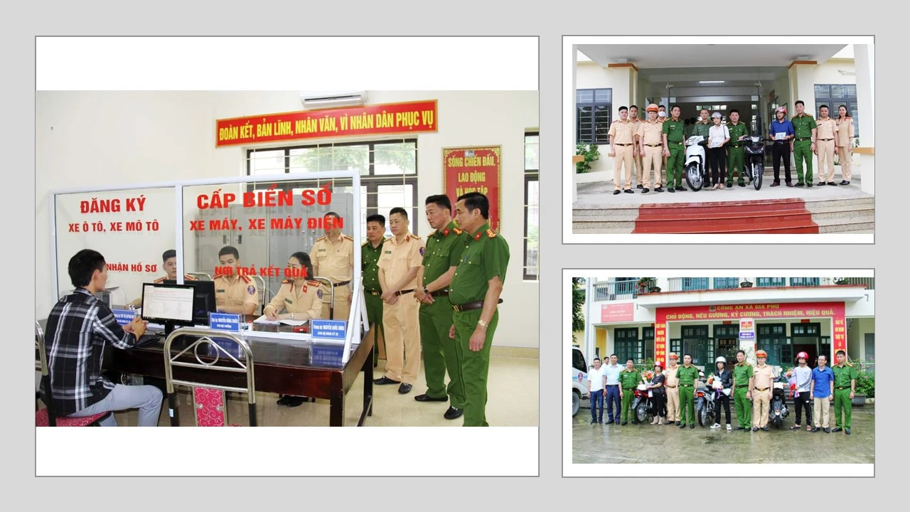 Lãnh đạo Công an tỉnh kiểm tra việc cấp biển số xe tại cơ sở.