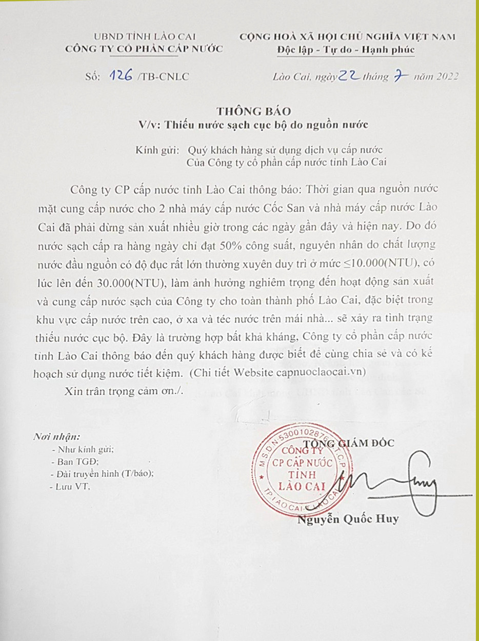 Công ty Cổ phần Cấp nước Lào Cai ra thông báo về tình hình thiếu nước sinh hoạt cục bộ do nguồn nước mặt phục vụ sản xuất không đảm bảo. Công ty Cổ phần Cấp nước Lào Cai ra thông báo về tình hình thiếu nước sinh hoạt cục bộ do nguồn nước mặt phục vụ sản xuất không đảm bảo.