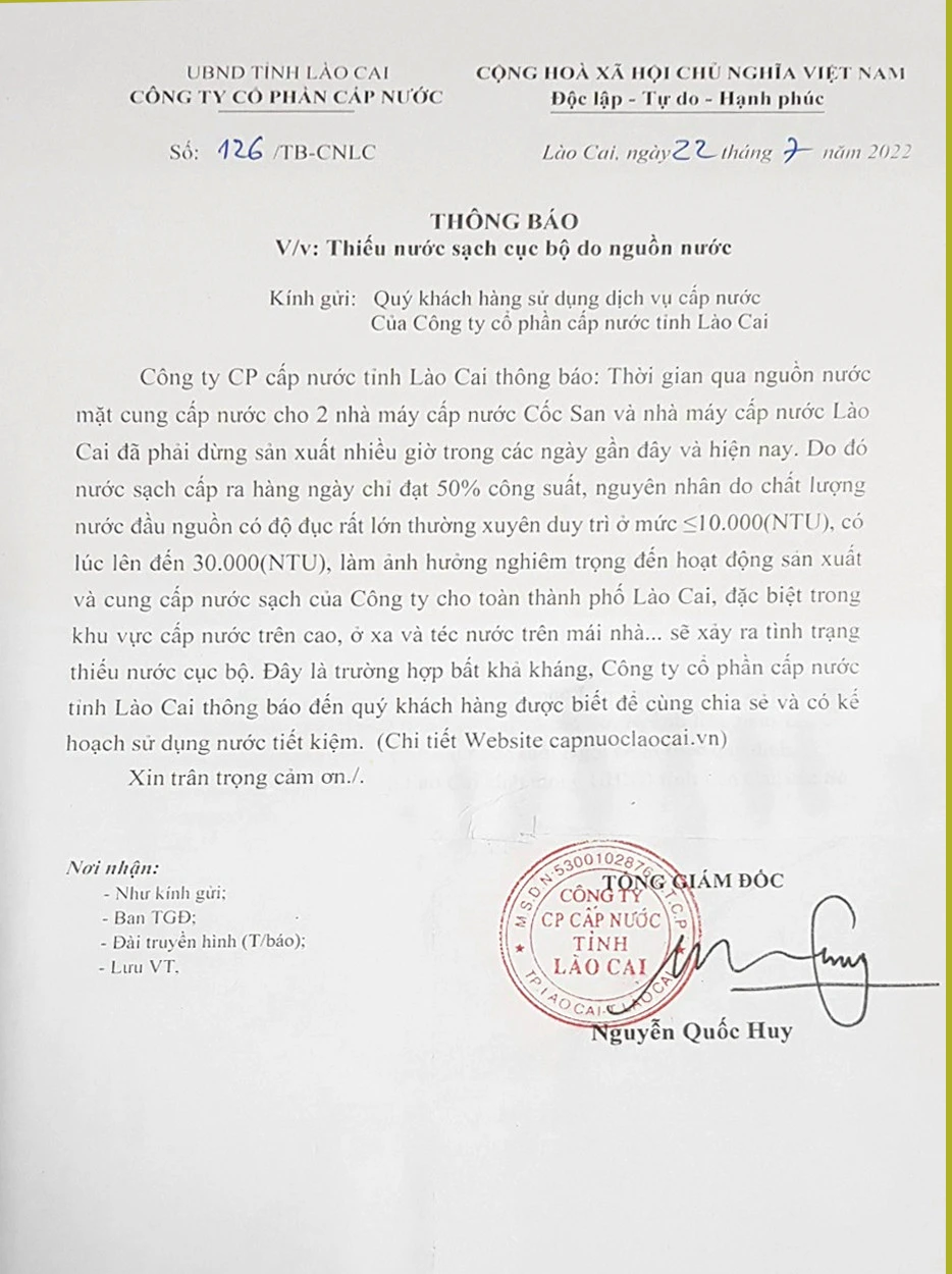 Công ty Cổ phần Cấp nước Lào Cai ra thông báo về tình hình thiếu nước sinh hoạt cục bộ do nguồn nước mặt phục vụ sản xuất không đảm bảo.