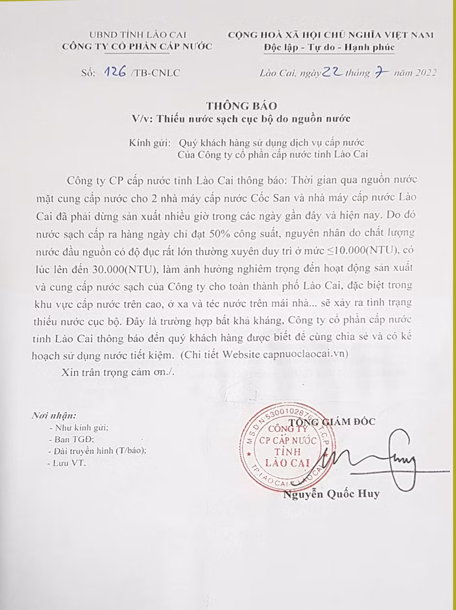 Công ty Cổ phần Cấp nước Lào Cai ra thông báo về tình hình thiếu nước sinh hoạt cục bộ do nguồn nước mặt phục vụ sản xuất không đảm bảo. Công ty Cổ phần Cấp nước Lào Cai ra thông báo về tình hình thiếu nước sinh hoạt cục bộ do nguồn nước mặt phục vụ sản xuất không đảm bảo.
