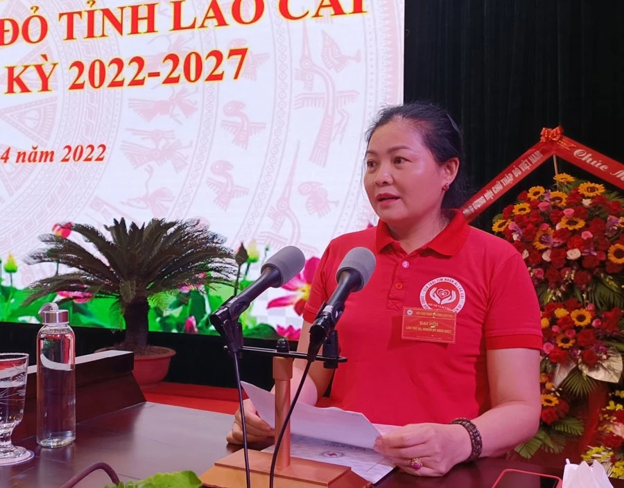 Bà Nguyễn Phương Thúy, Chủ nhiệm Câu lạc bộ Trái tim nhân ái Lào Cai tham luận tại Đại hội.