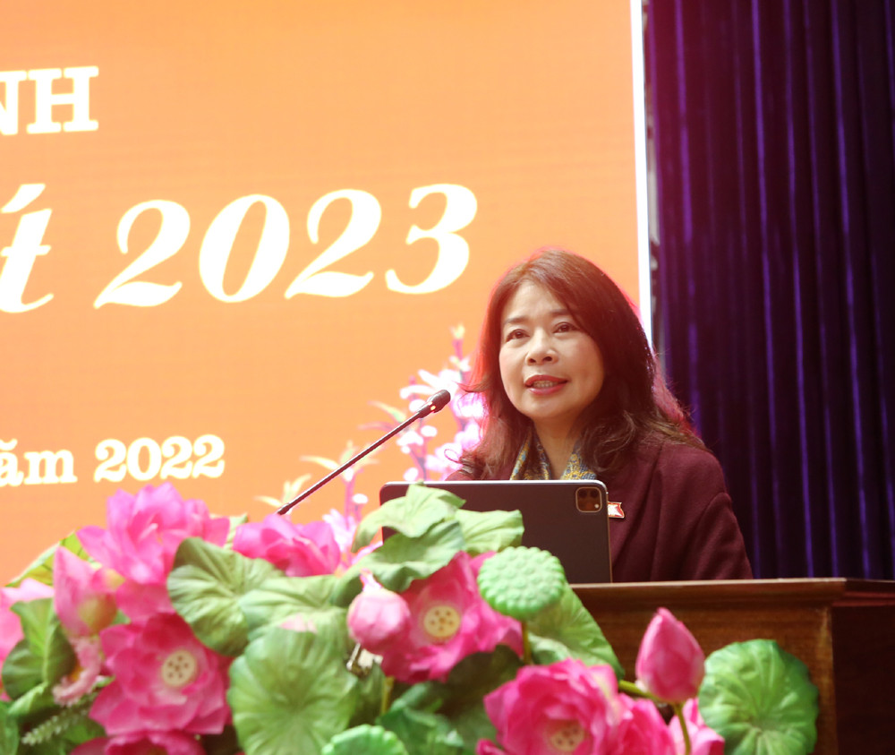 Đồng chí Lê Thu Hà, Phó Chủ nhiệm Ủy ban Đối ngoại của Quốc hội phát biểu tại chương trình tặng quà tết.