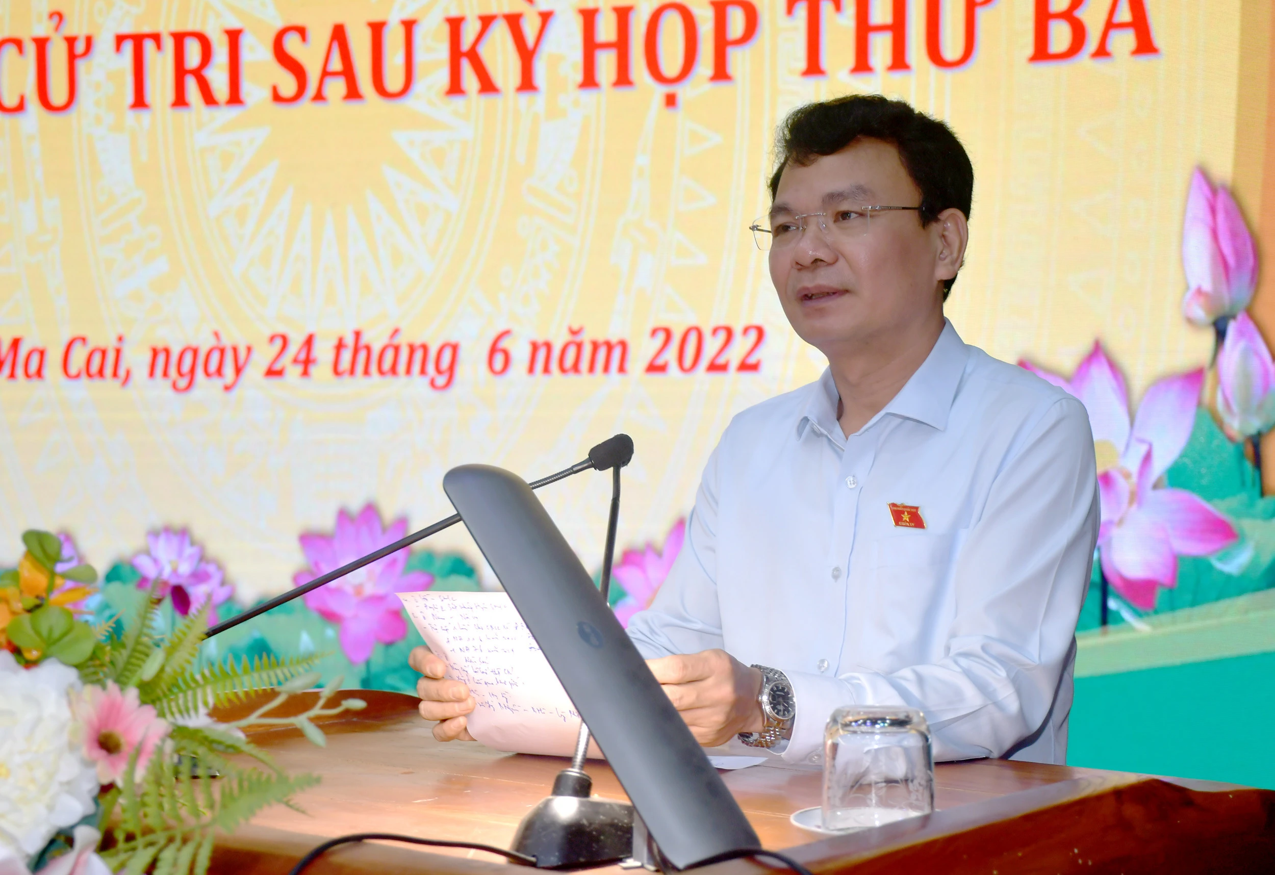 Bí thư Tỉnh ủy, Trưởng đoàn đại biểu Quốc hội tỉnh Đặng Xuân Phong phát biểu tại hội nghị.