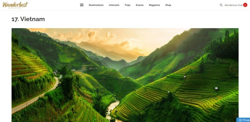 Tạp chí du lịch Wanderlust của Anh đánh giá Việt Nam là một trong 20 điểm đến đáng đi nhất trong tháng 3. (Ảnh chụp màn hình)