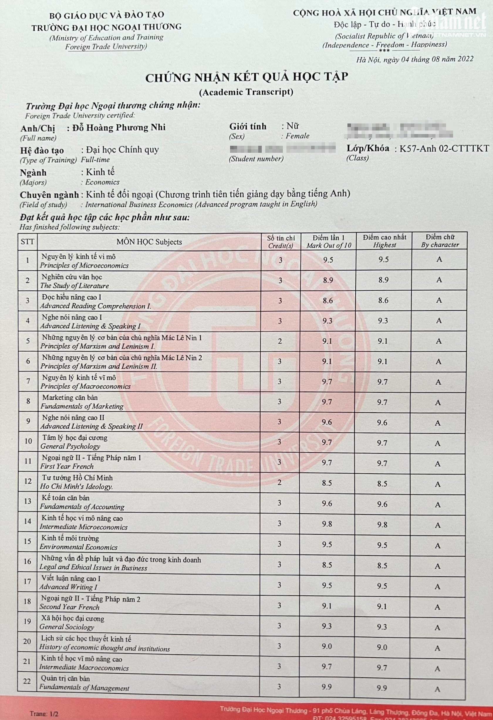 Bảng điểm toàn A của thủ khoa Trường ĐH Ngoại thương.