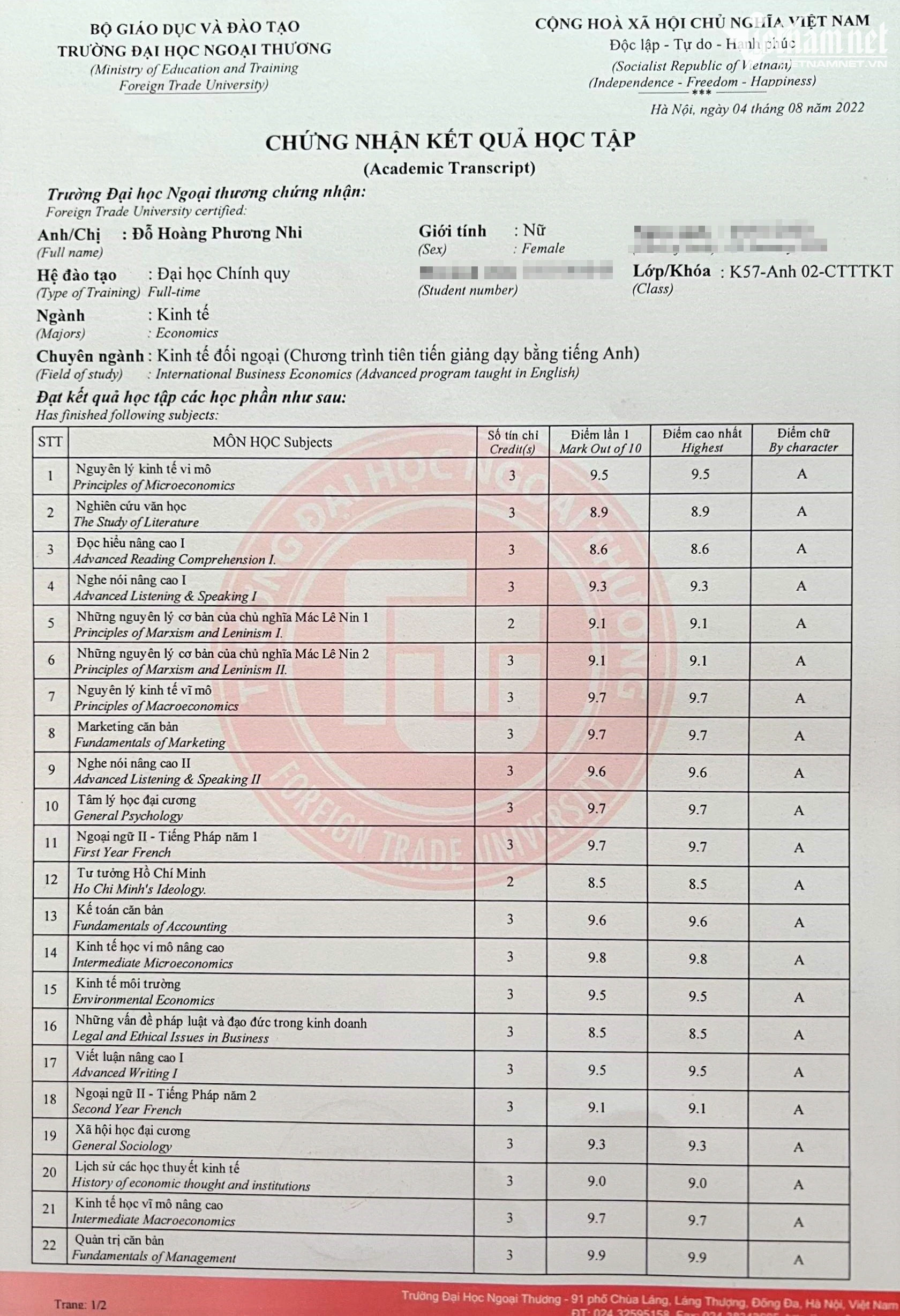 Bảng điểm toàn A của thủ khoa Trường ĐH Ngoại thương. Bảng điểm toàn A của thủ khoa Trường ĐH Ngoại thương.
