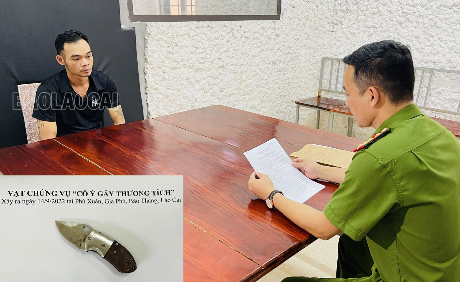 Đối tượng Nguyễn Tiến Hạnh và vật chứng vụ cố ý gây thương tích tại Cơ quan Cảnh sát điều tra.