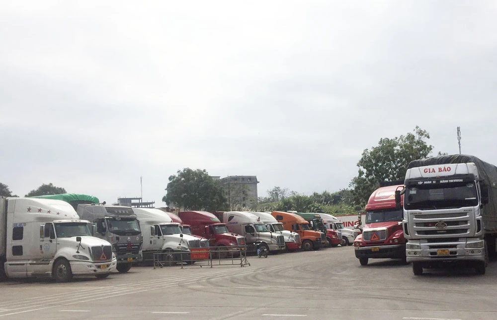 Các phương tiện chờ làm thủ tục xuất khẩu qua Cửa khẩu Quốc tế đường bộ số II Kim Thành.